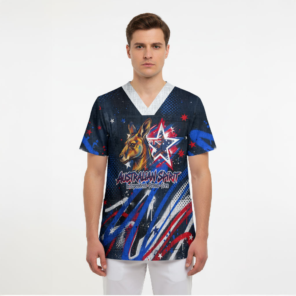Australian National Flag Day Scrub Top Kangaroo Mascot and Country Map