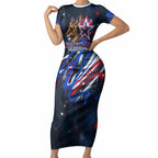 Australian National Flag Day Short Sleeve Bodycon Dress Kangaroo Mascot and Country Map