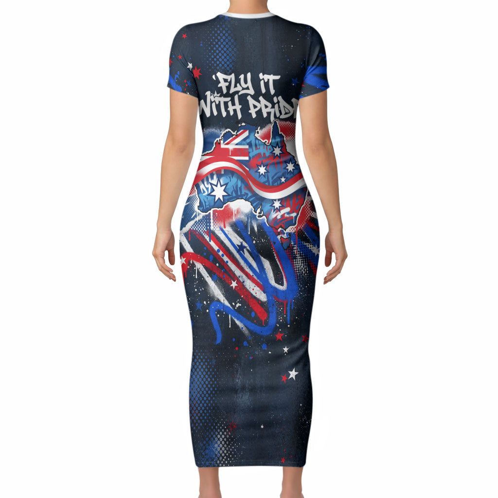 Australian National Flag Day Short Sleeve Bodycon Dress Kangaroo Mascot and Country Map