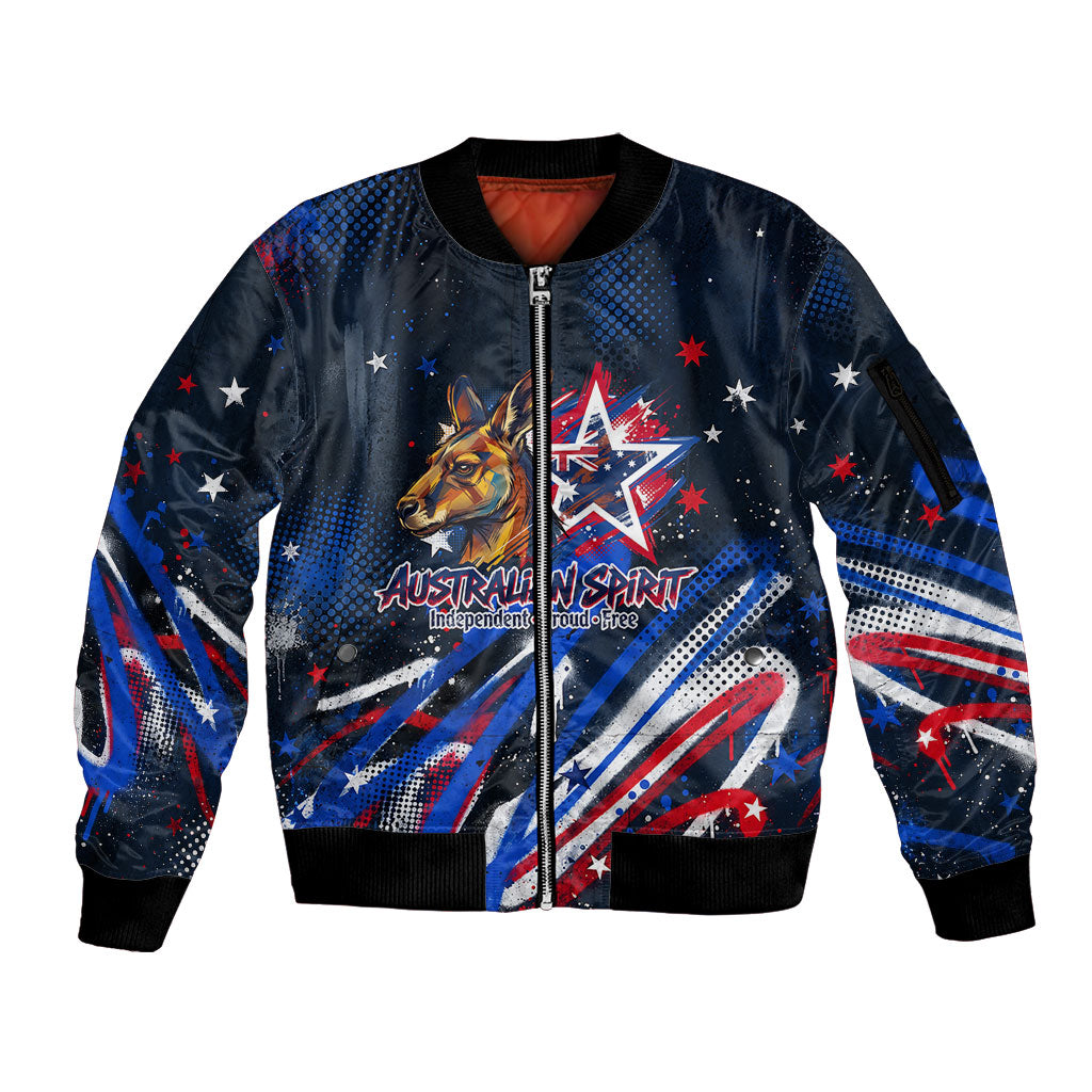 Australian National Flag Day Sleeve Zip Bomber Jacket Kangaroo Mascot and Country Map