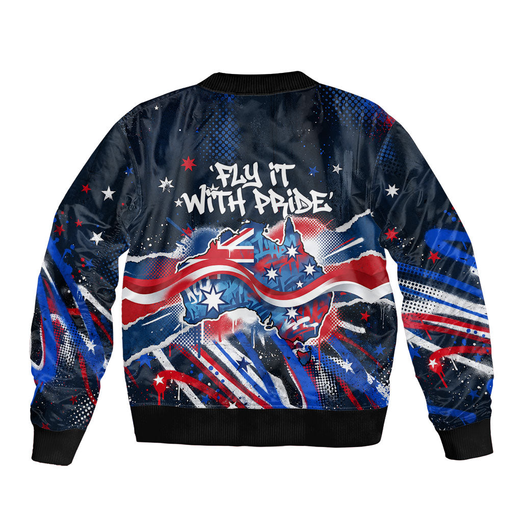 Australian National Flag Day Sleeve Zip Bomber Jacket Kangaroo Mascot and Country Map