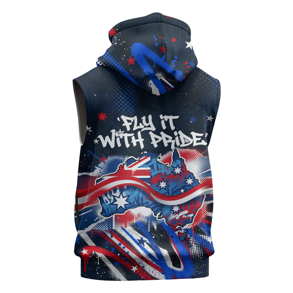 Australian National Flag Day Sleeveless Hoodie Kangaroo Mascot and Country Map