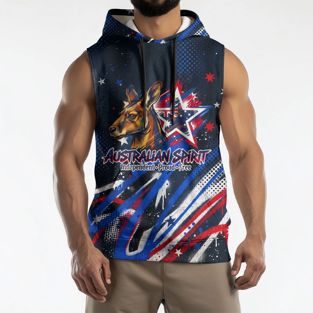 Australian National Flag Day Sleeveless Hoodie Kangaroo Mascot and Country Map