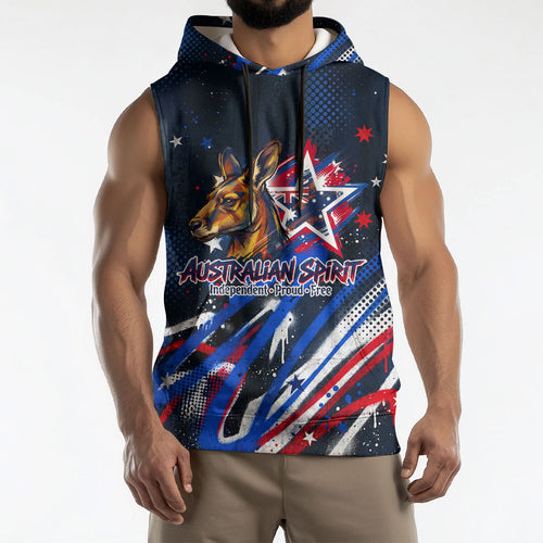 Australian National Flag Day Sleeveless Hoodie Kangaroo Mascot and Country Map