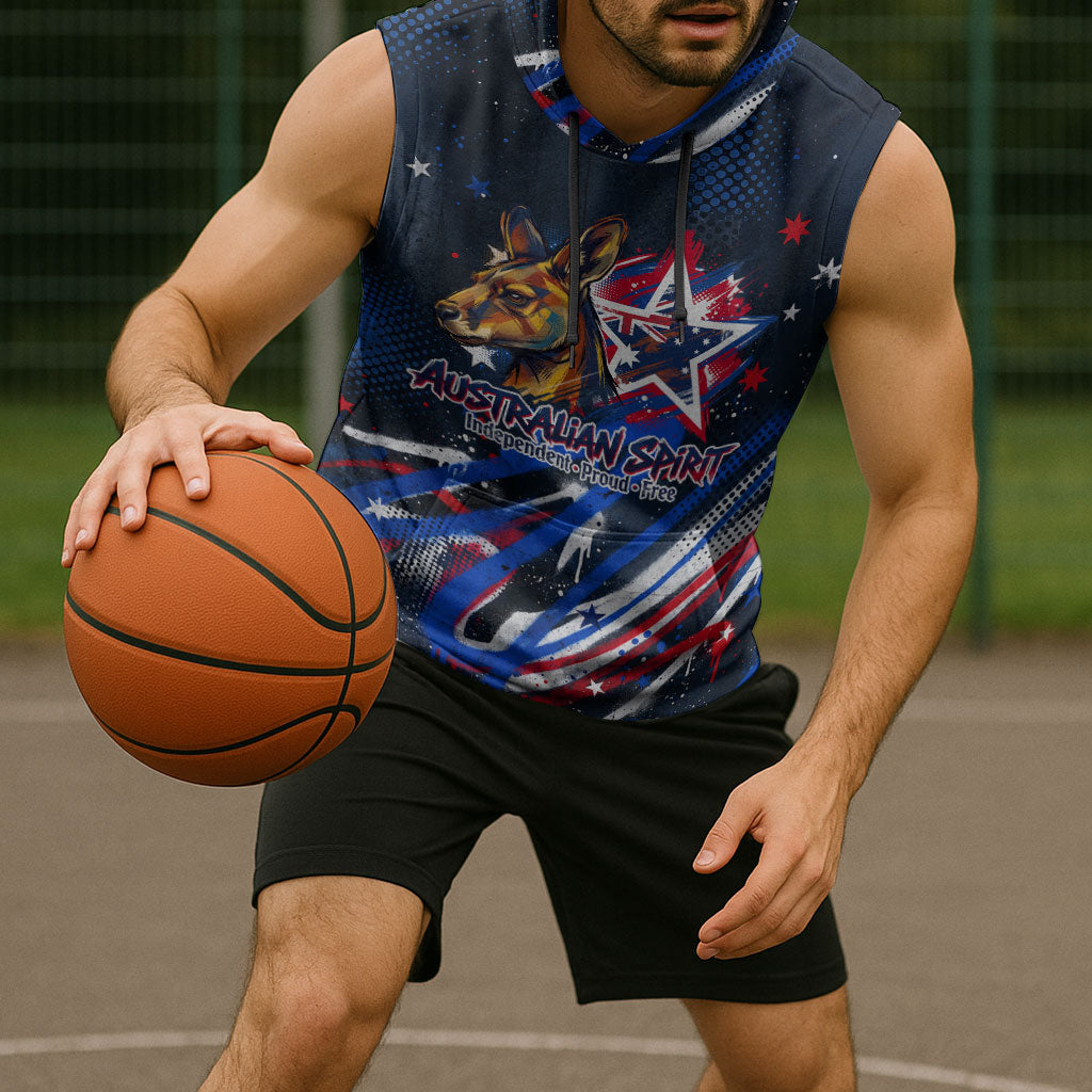 Australian National Flag Day Sleeveless Hoodie Kangaroo Mascot and Country Map