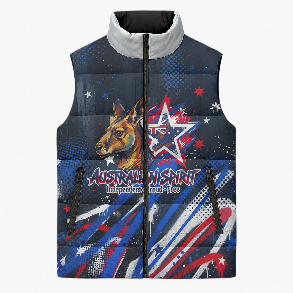 Australian National Flag Day Sleeveless Puffer Jacket Kangaroo Mascot and Country Map