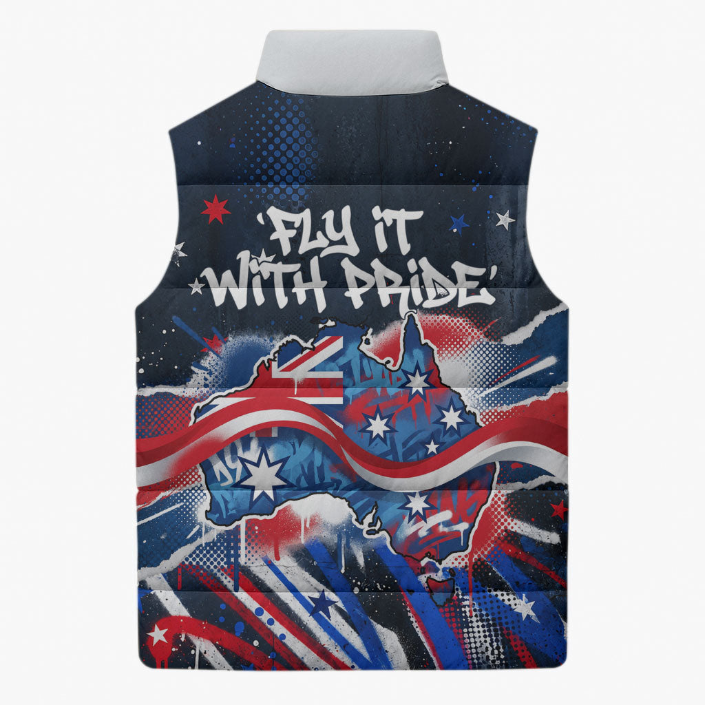 Australian National Flag Day Sleeveless Puffer Jacket Kangaroo Mascot and Country Map