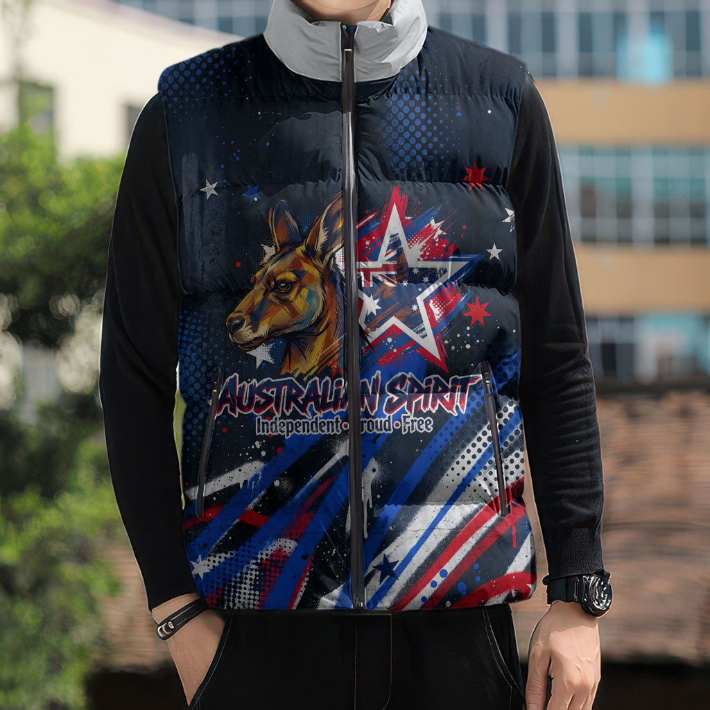 Australian National Flag Day Sleeveless Puffer Jacket Kangaroo Mascot and Country Map