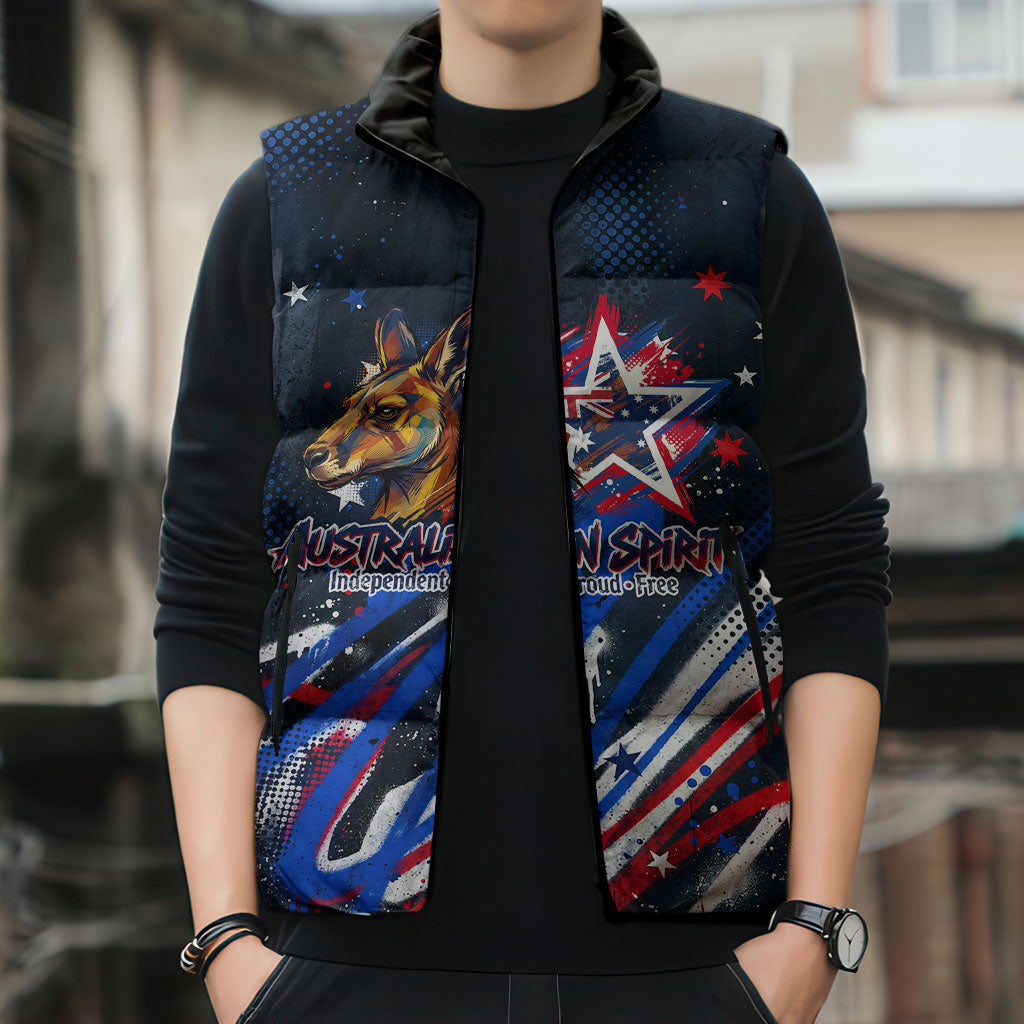 Australian National Flag Day Sleeveless Puffer Jacket Kangaroo Mascot and Country Map