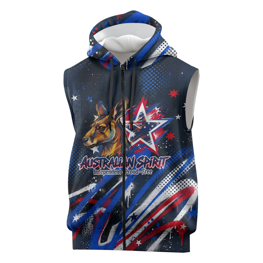 Australian National Flag Day Sleeveless Zip Hoodie Kangaroo Mascot and Country Map