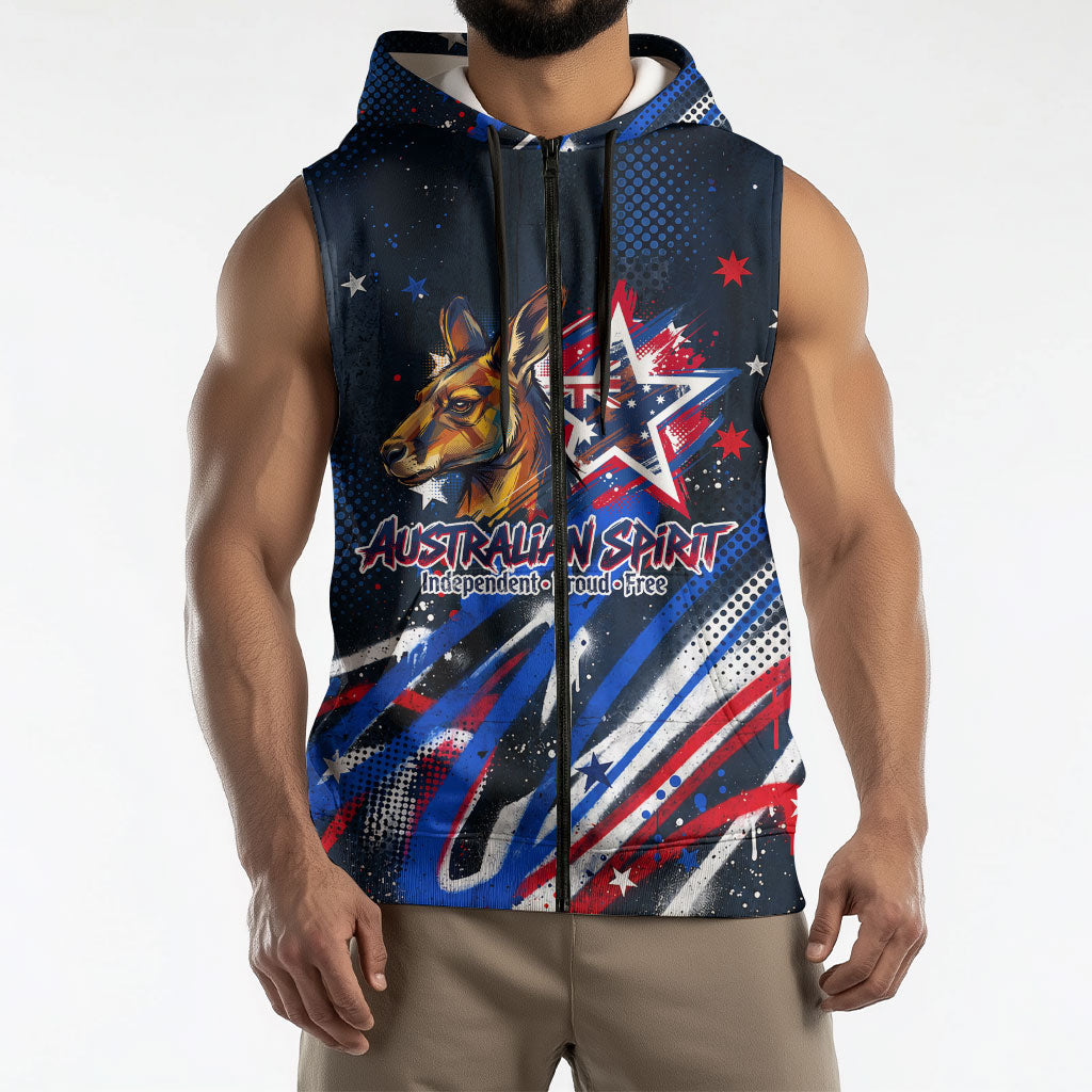 Australian National Flag Day Sleeveless Zip Hoodie Kangaroo Mascot and Country Map