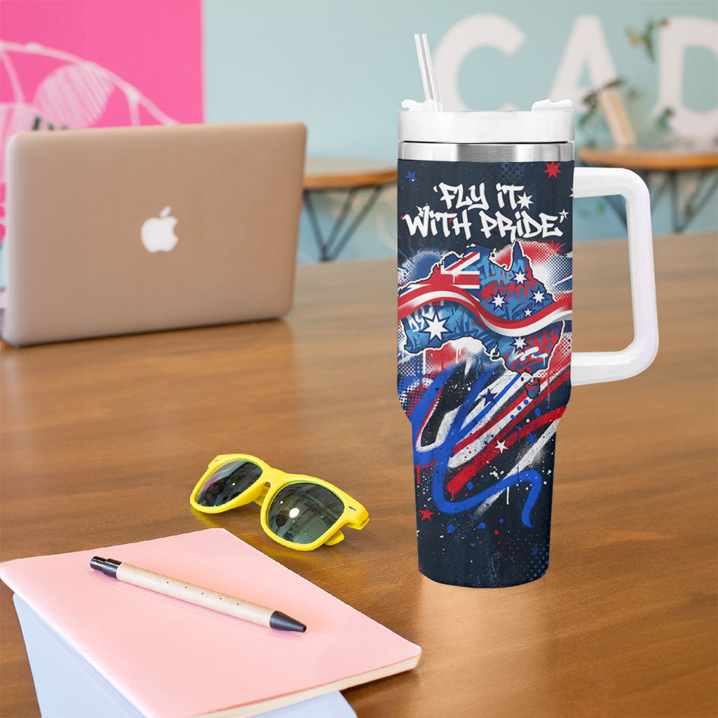 Australian National Flag Day Tumbler With Handle Kangaroo Mascot and Country Map