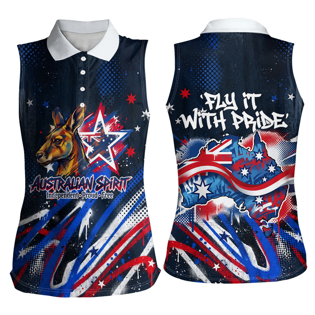 Australian National Flag Day Women Sleeveless Polo Shirt Kangaroo Mascot and Country Map