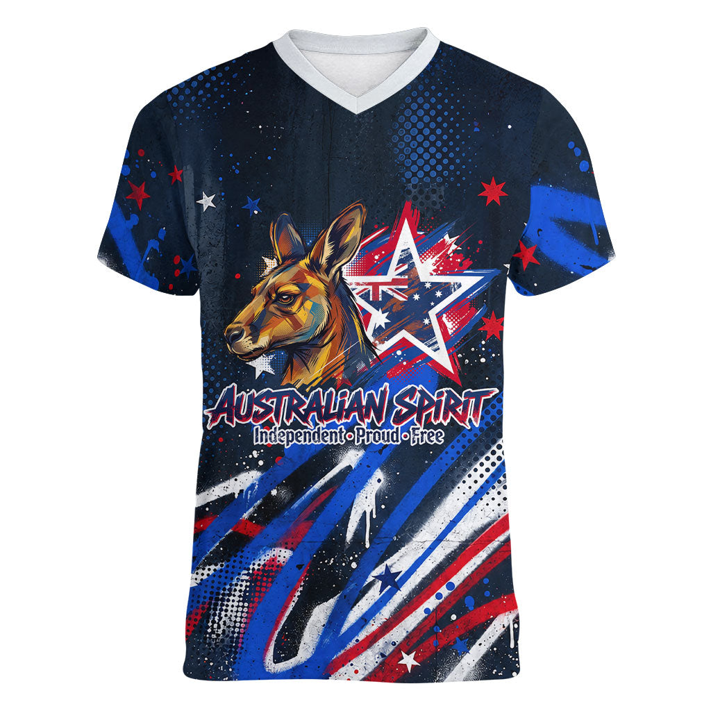 Australian National Flag Day Women V-Neck T-Shirt Kangaroo Mascot and Country Map