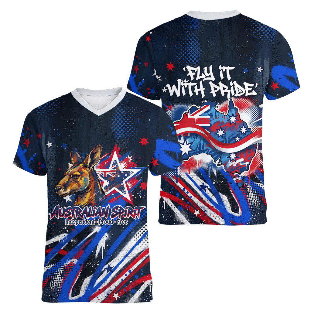 Australian National Flag Day Women V-Neck T-Shirt Kangaroo Mascot and Country Map