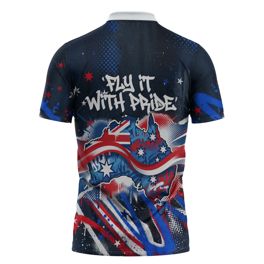 Australian National Flag Day Zipper Polo Shirt Kangaroo Mascot and Country Map