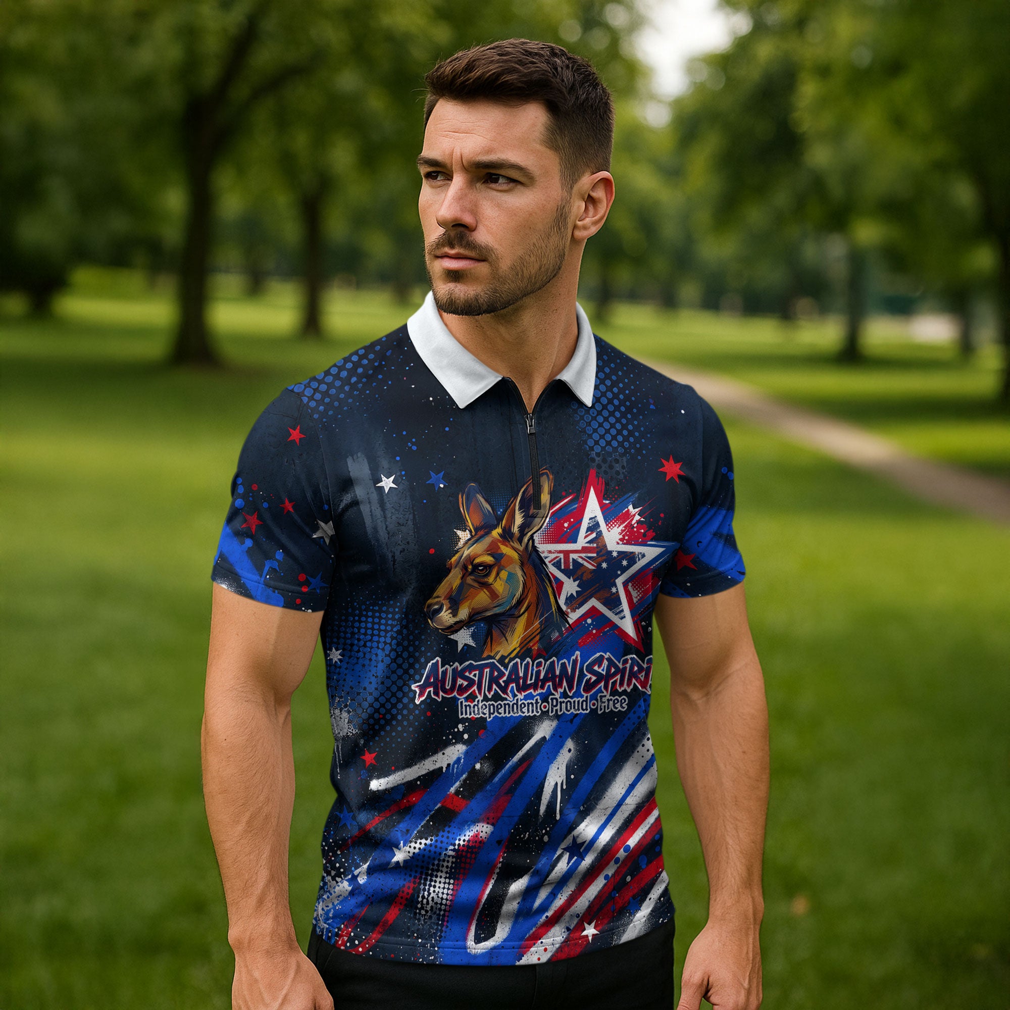 Australian National Flag Day Zipper Polo Shirt Kangaroo Mascot and Country Map