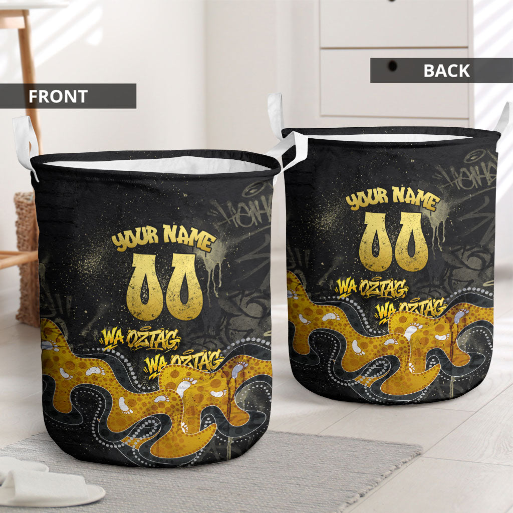 Personalised Western Australia Oztag Swan Laundry Basket Black Gold Graffiti Aboriginal Dot Pattern