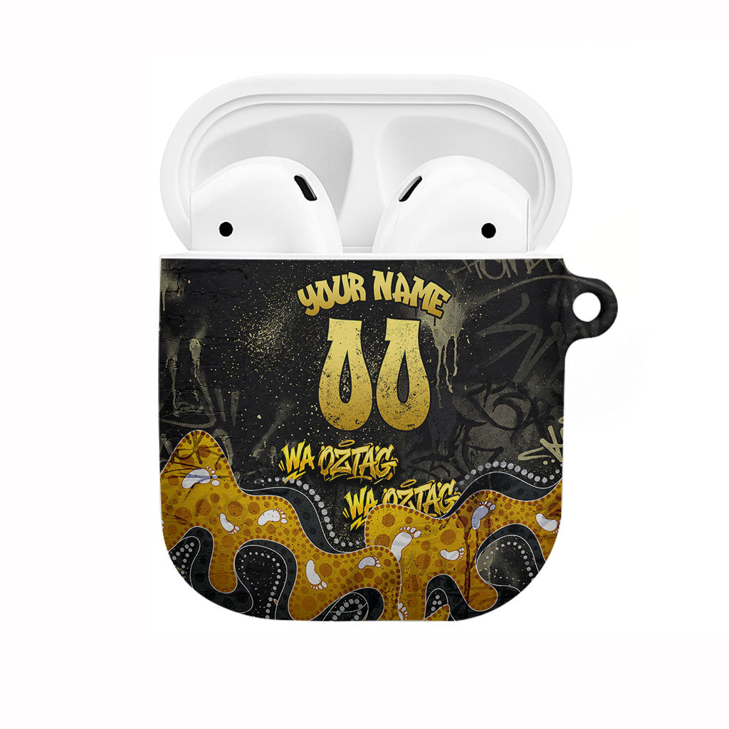 Personalised Western Australia Oztag Swan AirPods Case Black Gold Graffiti Aboriginal Dot Pattern