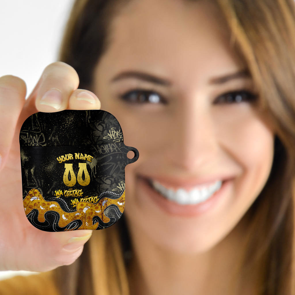 Personalised Western Australia Oztag Swan AirPods Case Black Gold Graffiti Aboriginal Dot Pattern