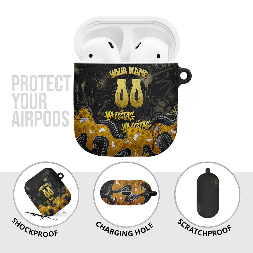 Personalised Western Australia Oztag Swan AirPods Case Black Gold Graffiti Aboriginal Dot Pattern