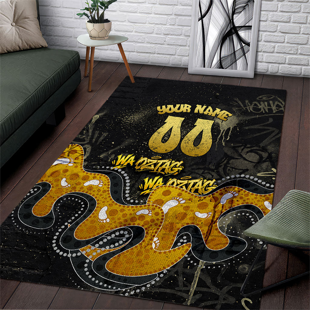 Personalised Western Australia Oztag Swan Area Rug Black Gold Graffiti Aboriginal Dot Pattern