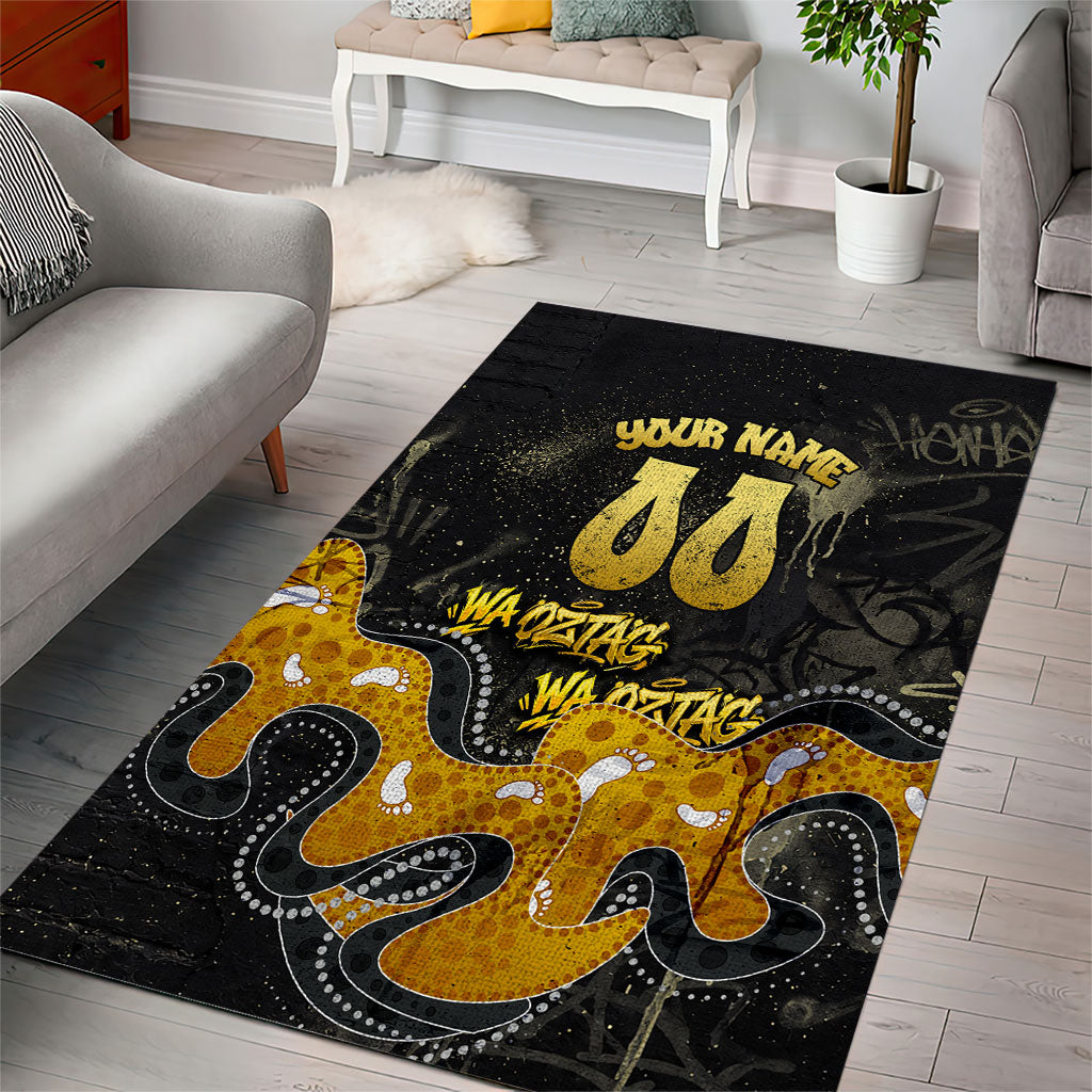 Personalised Western Australia Oztag Swan Area Rug Black Gold Graffiti Aboriginal Dot Pattern