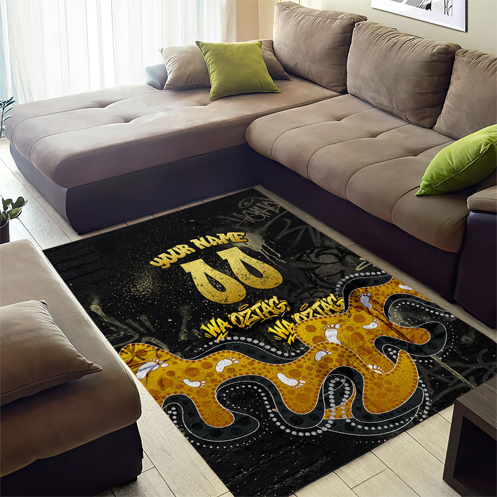Personalised Western Australia Oztag Swan Area Rug Black Gold Graffiti Aboriginal Dot Pattern