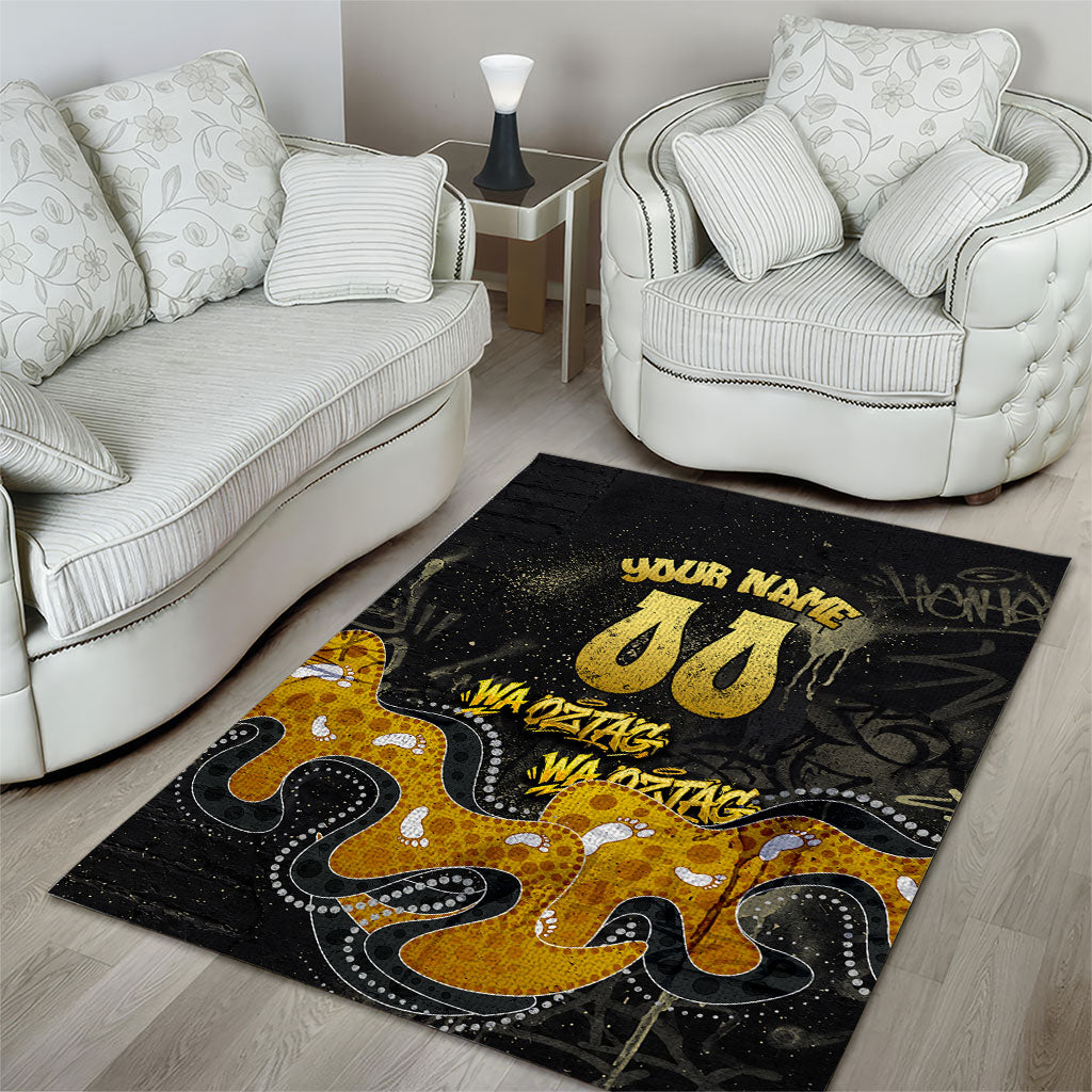 Personalised Western Australia Oztag Swan Area Rug Black Gold Graffiti Aboriginal Dot Pattern