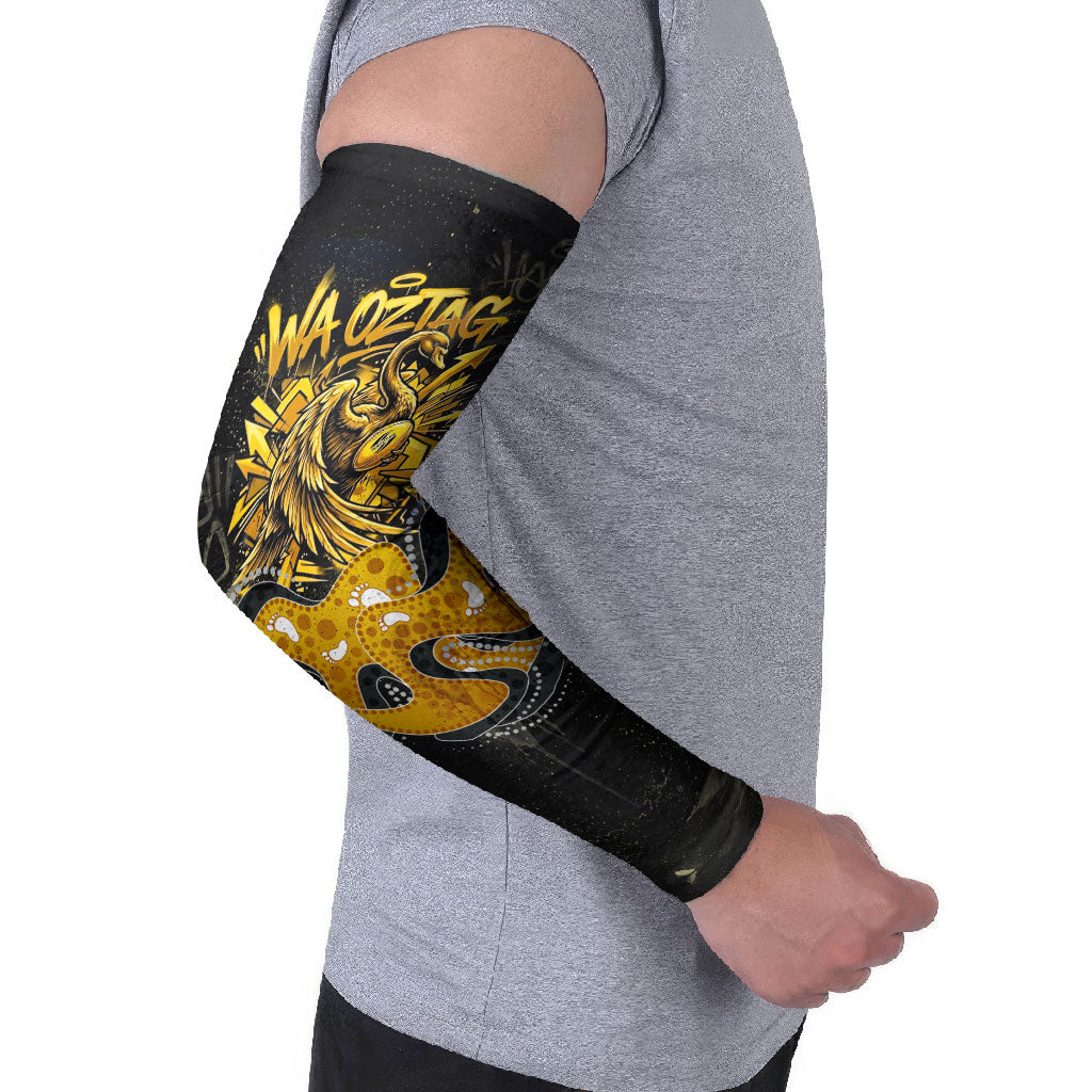 Personalised Western Australia Oztag Swan Arm Sleeves Black Gold Graffiti Aboriginal Dot Pattern