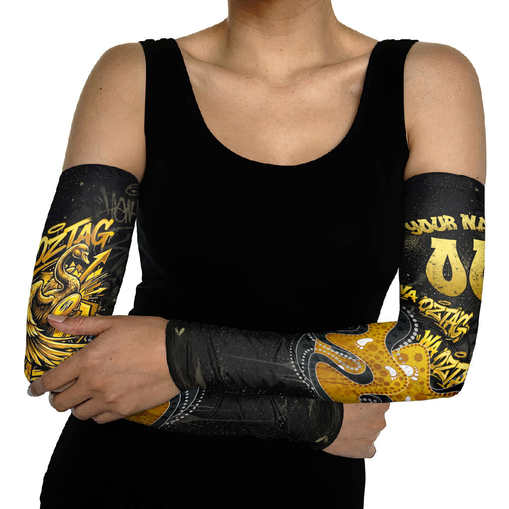 Personalised Western Australia Oztag Swan Arm Sleeves Black Gold Graffiti Aboriginal Dot Pattern