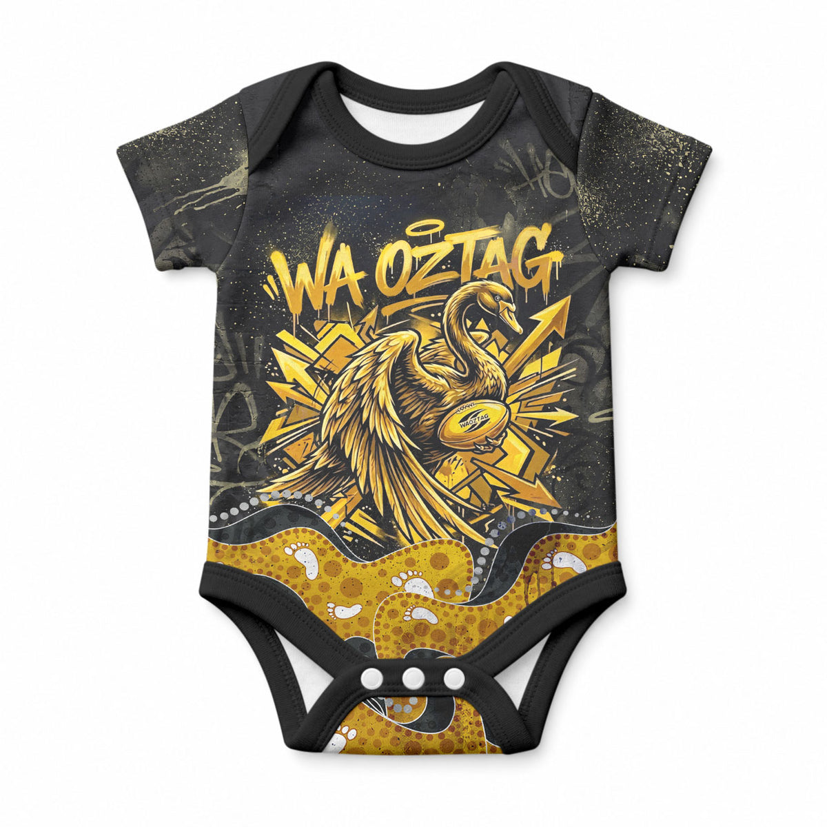 Personalised Western Australia Oztag Swan Baby Onesie Black Gold Graffiti Aboriginal Dot Pattern