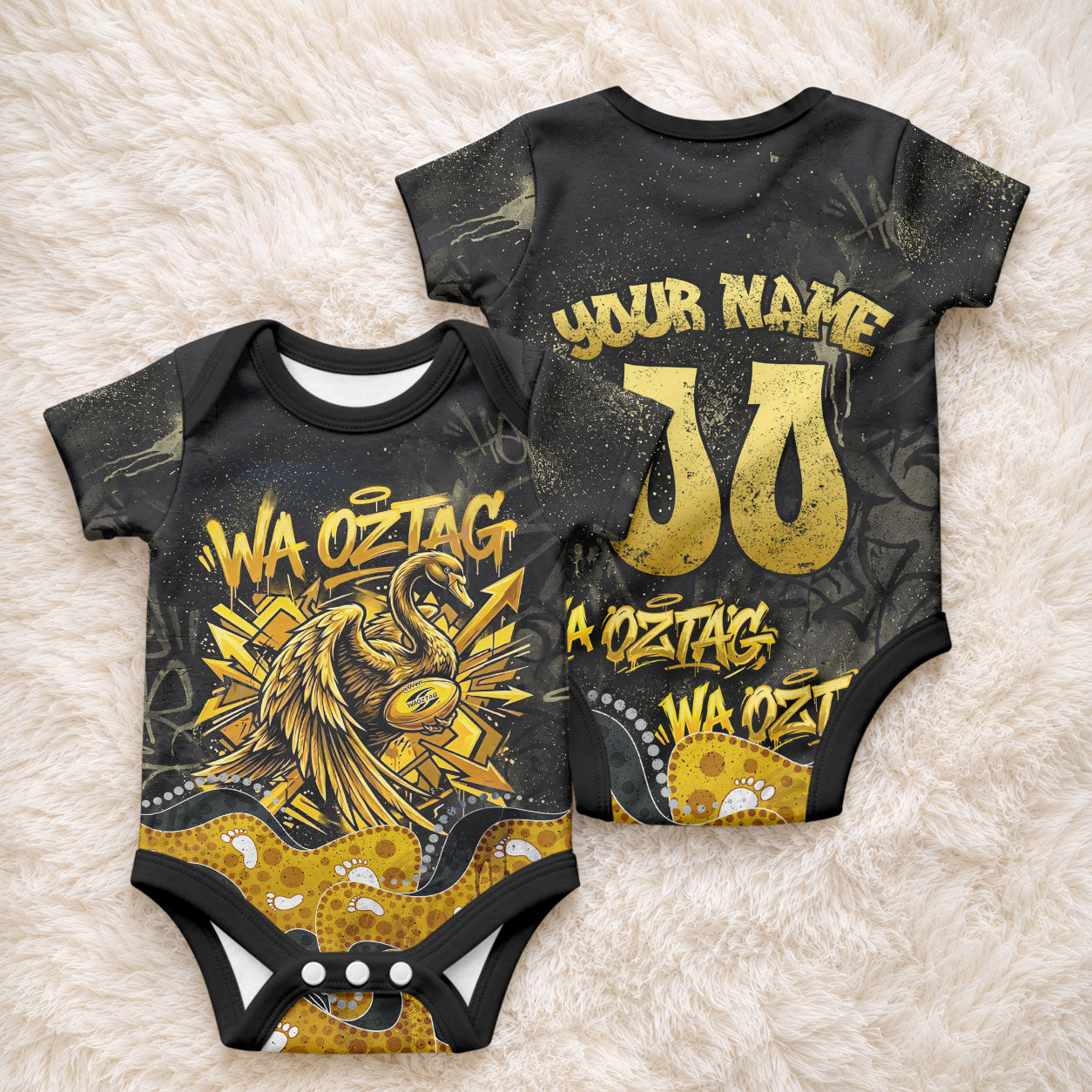 Personalised Western Australia Oztag Swan Baby Onesie Black Gold Graffiti Aboriginal Dot Pattern