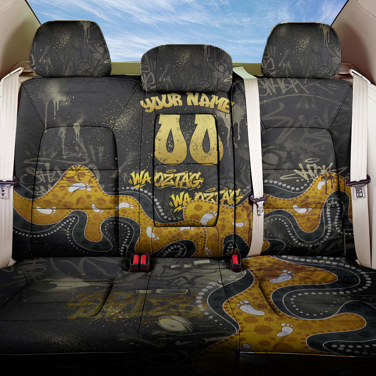 Personalised Western Australia Oztag Swan Back Car Seat Cover Black Gold Graffiti Aboriginal Dot Pattern