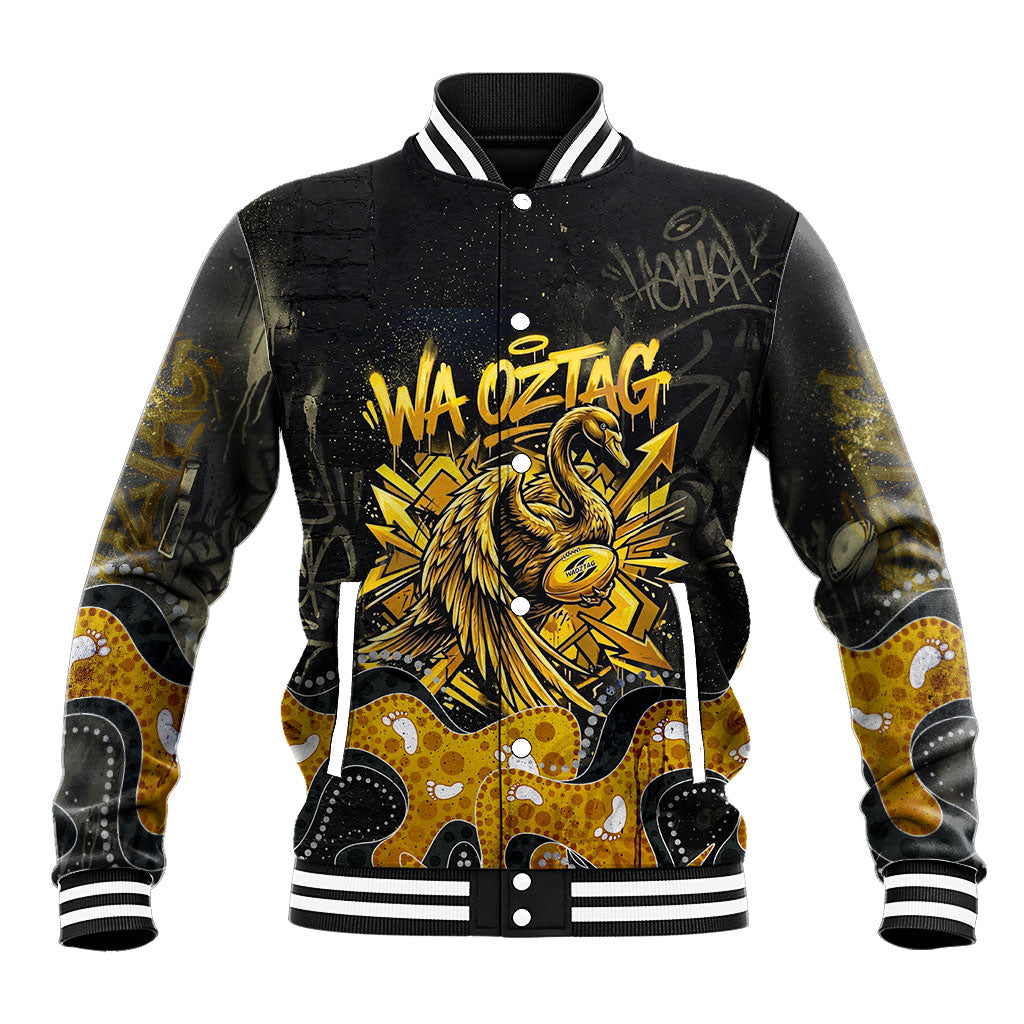 Personalised Western Australia Oztag Swan Baseball Jacket Black Gold Graffiti Aboriginal Dot Pattern