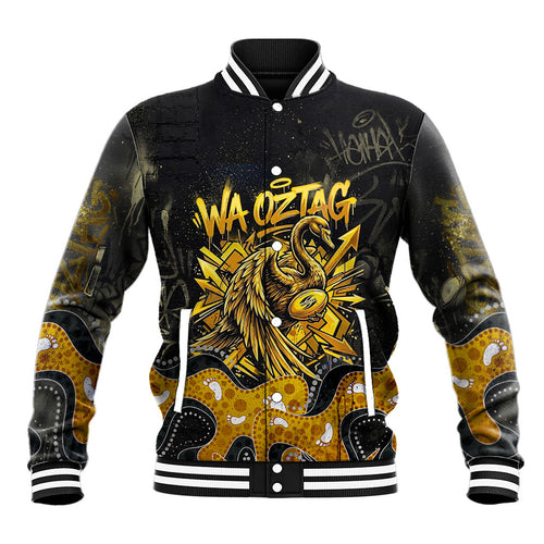 Personalised Western Australia Oztag Swan Baseball Jacket Black Gold Graffiti Aboriginal Dot Pattern