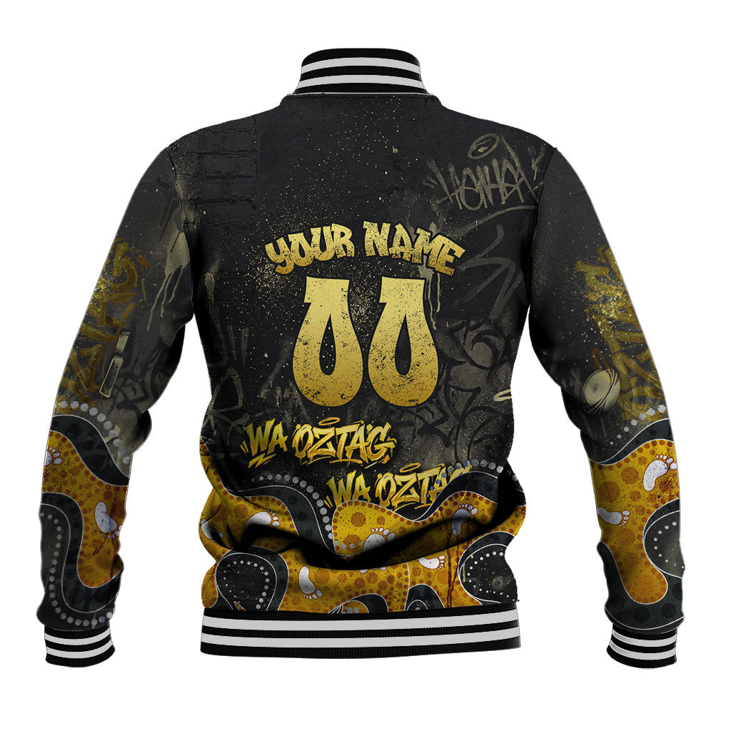 Personalised Western Australia Oztag Swan Baseball Jacket Black Gold Graffiti Aboriginal Dot Pattern