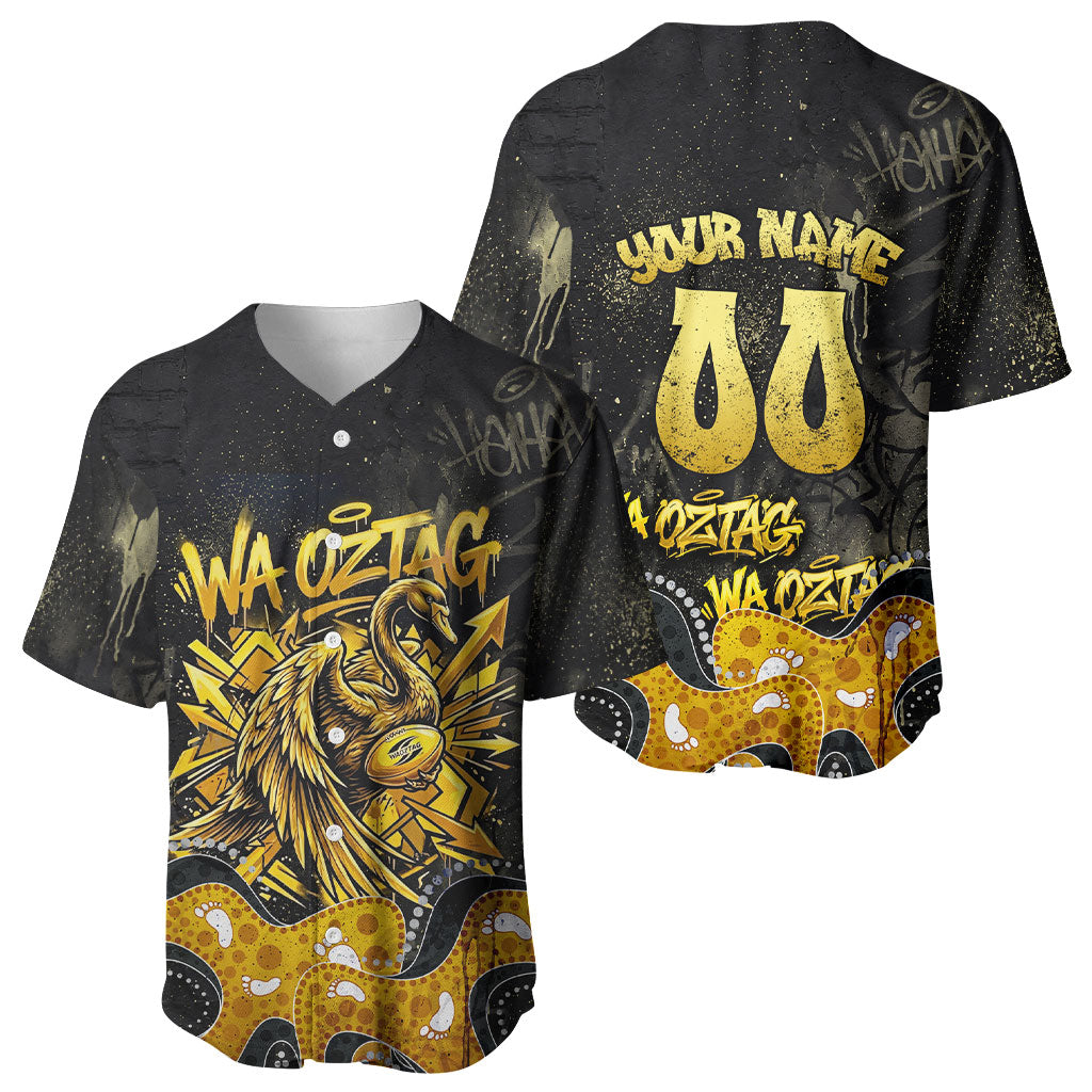 Personalised Western Australia Oztag Swan Baseball Jersey Black Gold Graffiti Aboriginal Dot Pattern