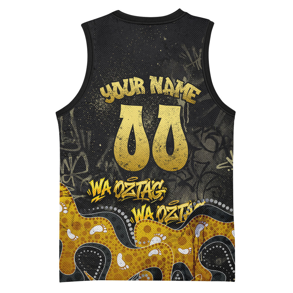 Personalised Western Australia Oztag Swan Basketball Jersey Black Gold Graffiti Aboriginal Dot Pattern