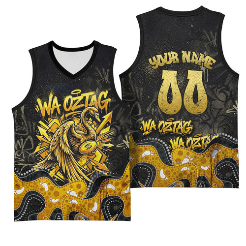 Personalised Western Australia Oztag Swan Basketball Jersey Black Gold Graffiti Aboriginal Dot Pattern