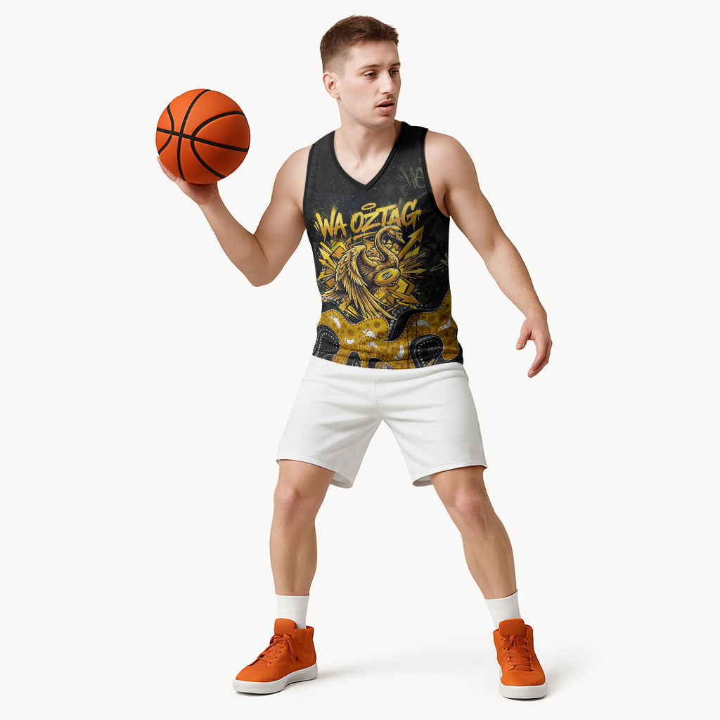 Personalised Western Australia Oztag Swan Basketball Jersey Black Gold Graffiti Aboriginal Dot Pattern