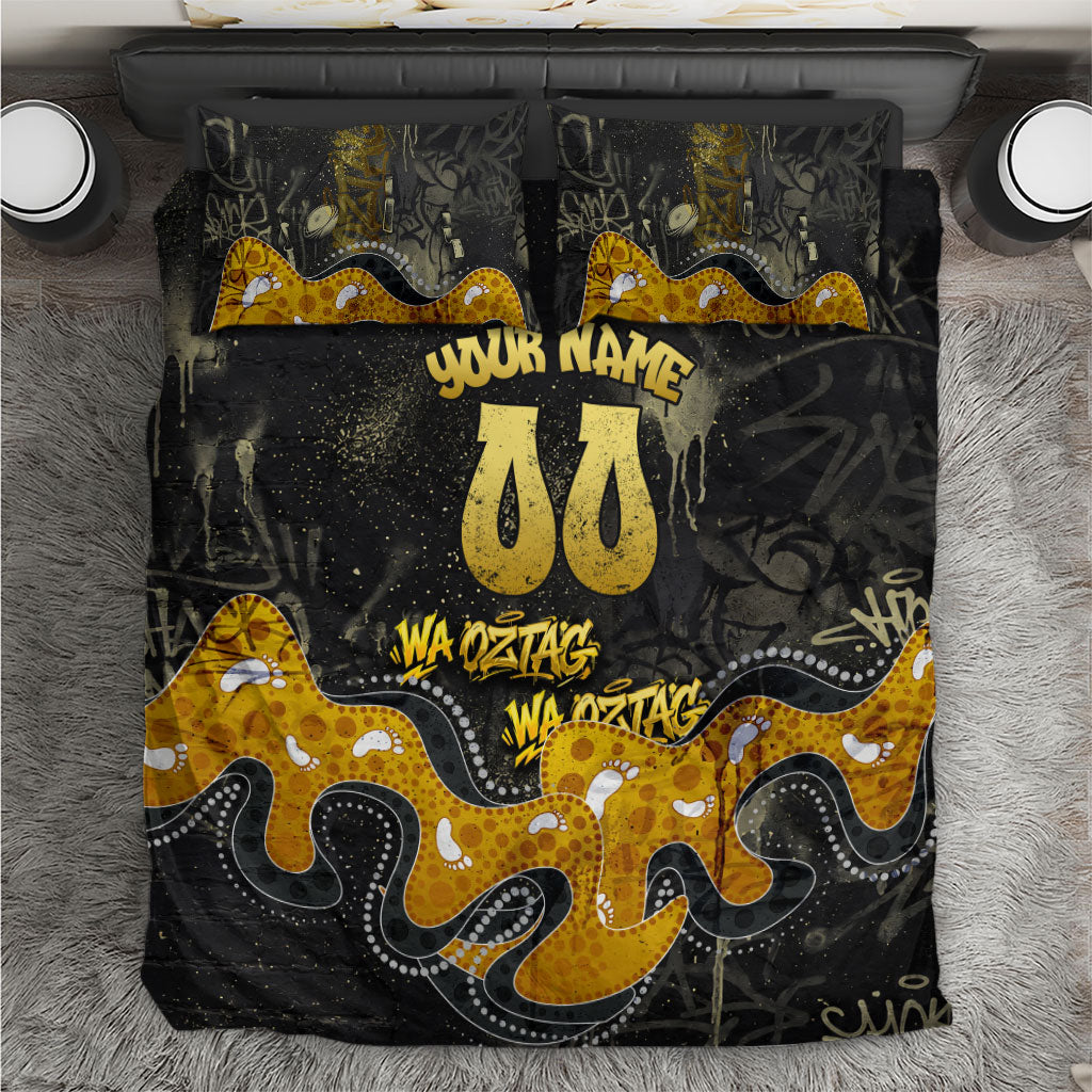 Personalised Western Australia Oztag Swan Bedding Set Black Gold Graffiti Aboriginal Dot Pattern