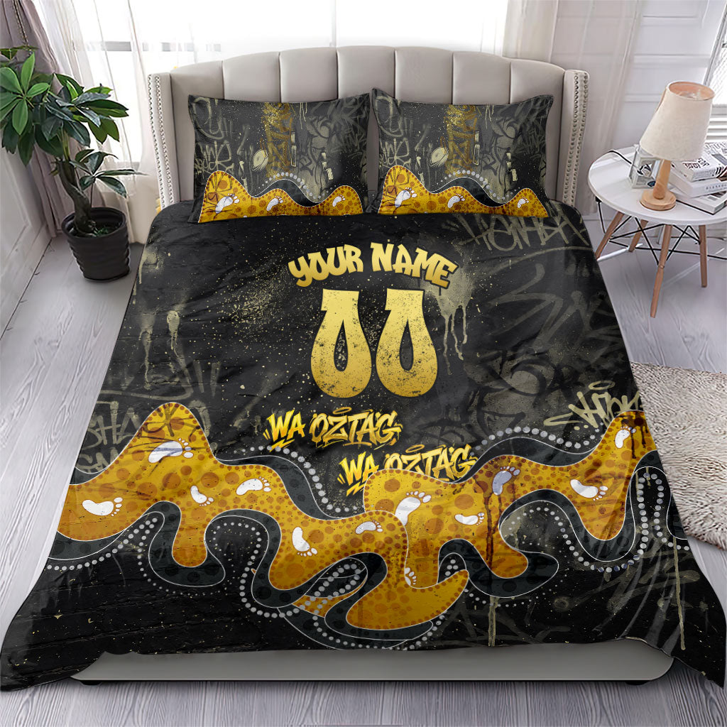 Personalised Western Australia Oztag Swan Bedding Set Black Gold Graffiti Aboriginal Dot Pattern