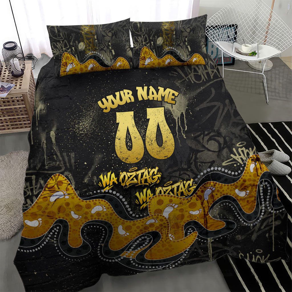 Personalised Western Australia Oztag Swan Bedding Set Black Gold Graffiti Aboriginal Dot Pattern