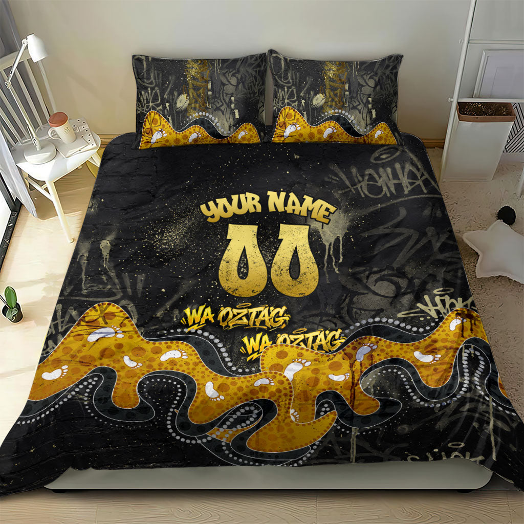 Personalised Western Australia Oztag Swan Bedding Set Black Gold Graffiti Aboriginal Dot Pattern