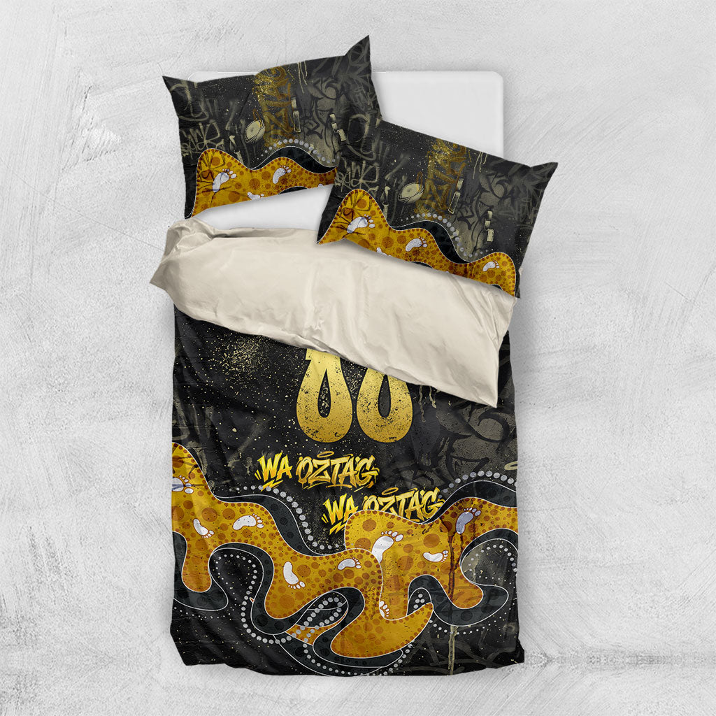 Personalised Western Australia Oztag Swan Bedding Set Black Gold Graffiti Aboriginal Dot Pattern