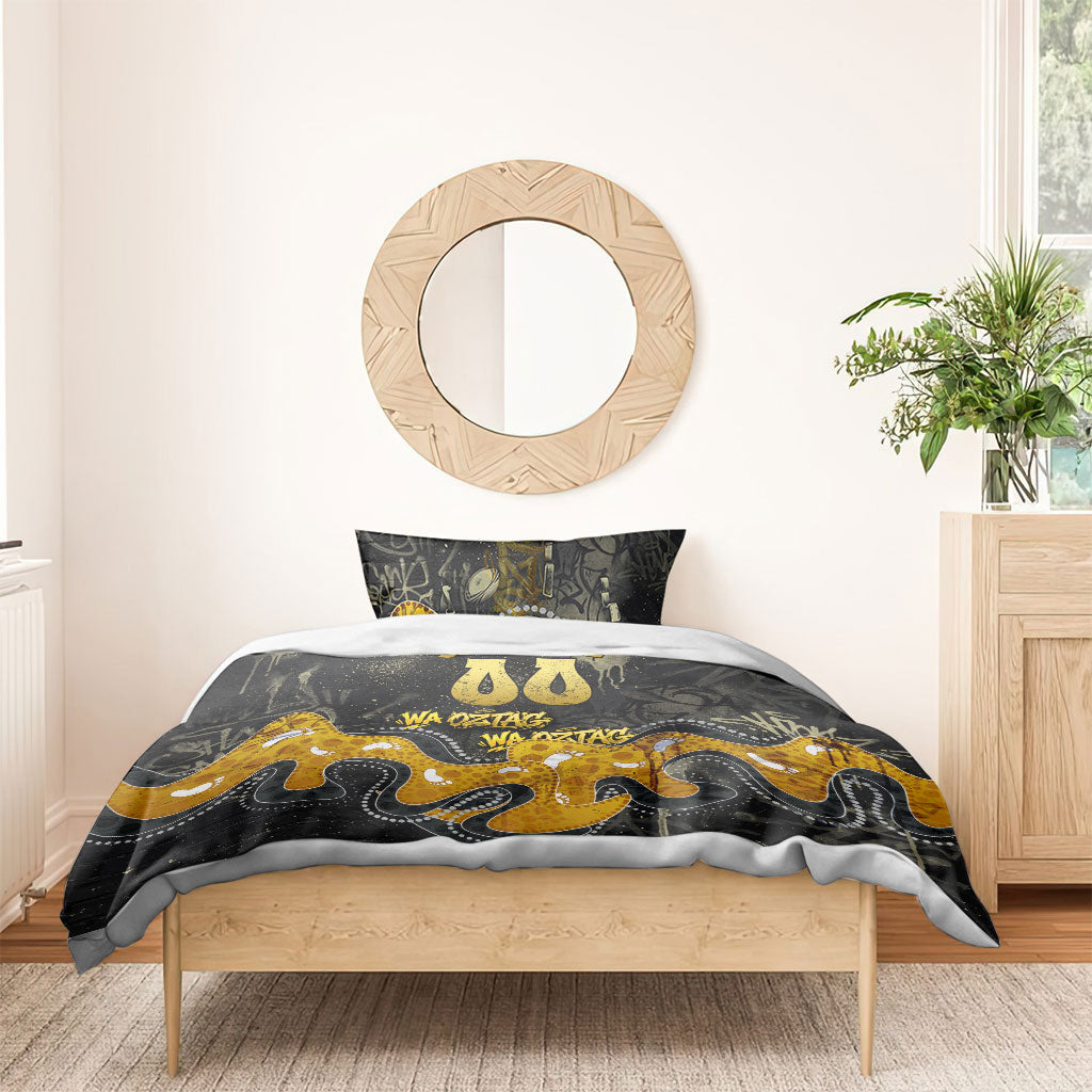 Personalised Western Australia Oztag Swan Bedding Set Black Gold Graffiti Aboriginal Dot Pattern