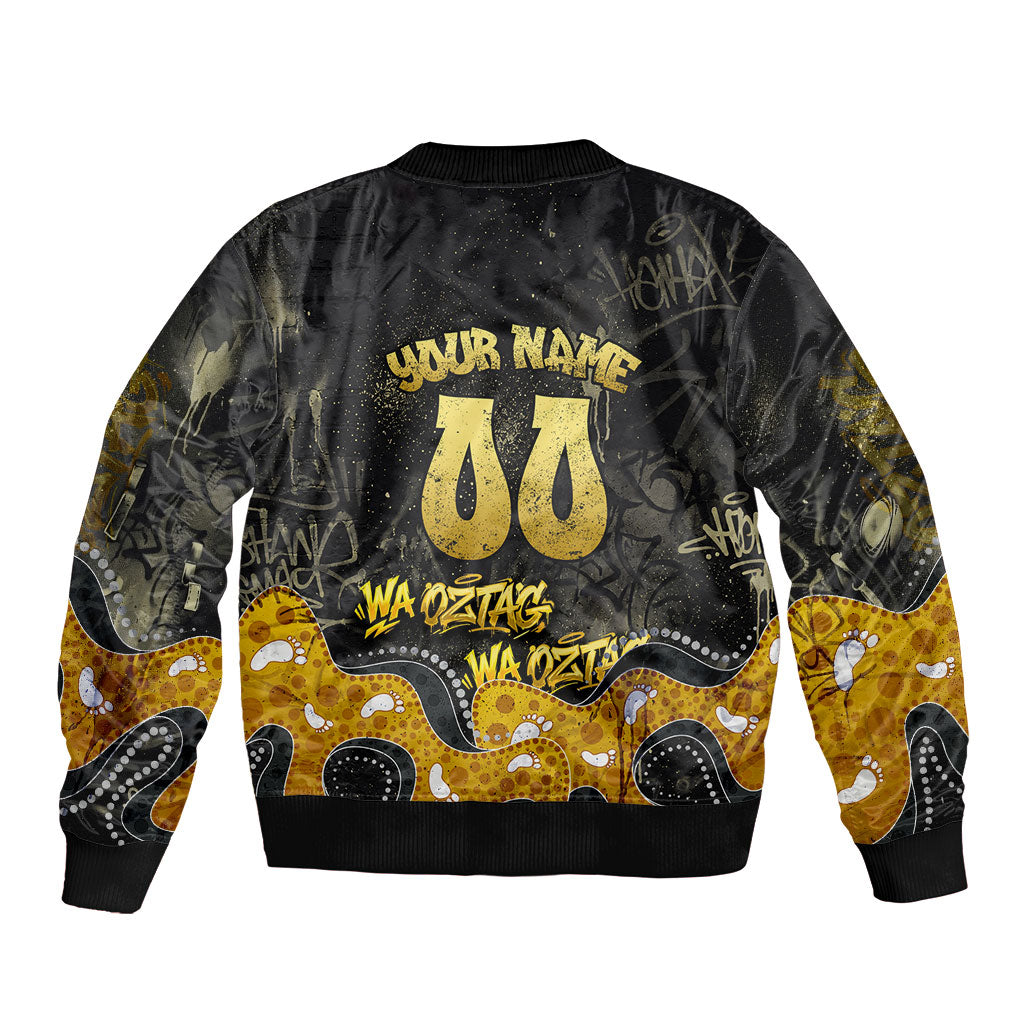 Personalised Western Australia Oztag Swan Bomber Jacket Black Gold Graffiti Aboriginal Dot Pattern