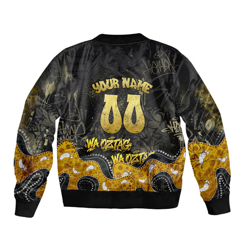 Personalised Western Australia Oztag Swan Bomber Jacket Black Gold Graffiti Aboriginal Dot Pattern