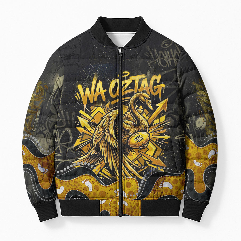 Personalised Western Australia Oztag Swan Bomber Puffer Jacket Black Gold Graffiti Aboriginal Dot Pattern